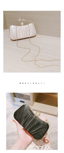 Ruched dinner clutch bags in beige and black with pearl clasp and chain strap detail