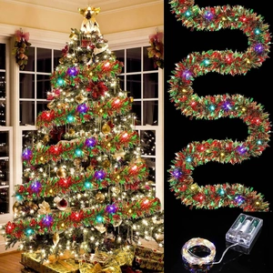 Christmas Tinsel Garland With LED String Lights Battery Operated Metallic Foil For Tree Decoration Party Backdrop Festive Ornaments