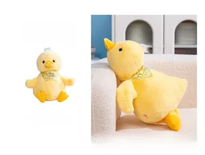 Detail of cute yellow plush duck lying on sofa showing soft texture and floral scarf