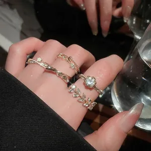 Alloy Zircon Inlaid Rings With Imitation Artificial Pearl Flower Design Open Adjustable Stackable Vintage French Style Jewelry For Women