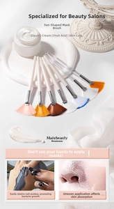 Detail of 7 fan-shaped facial mask brushes with transparent handles and colored nylon bristles