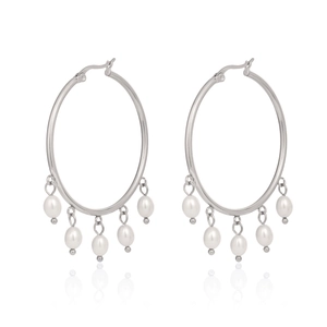 Silver hoop earrings with five white hanging pearls and reflective metallic finish