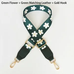 Detail of wide green floral replacement strap with leather ends and gold metal clips