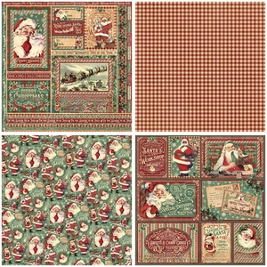 Close-up of vintage Christmas scrapbooking papers with Santa motifs and festive patterns