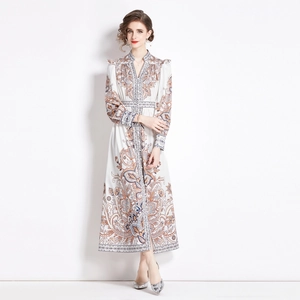 Vintage-Maxikleid mit Paisley-Muster, V-Ausschnitt, Laternenärmeln und Taillierung