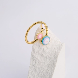 Gold twisted open ring with evil eye enamel charms in pink, purple and blue