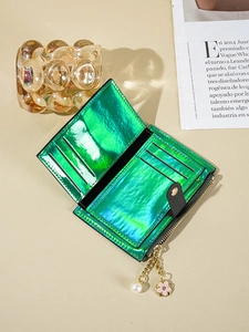 Slim green holographic patent leather wallet for women with pearl floral charms