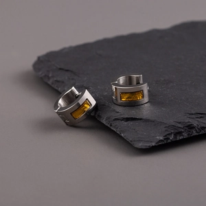 Stainless Steel Hoop Earrings Geometric Yellow Amber Pattern Inlay Hip Hop Trendy Punk Ear Buckles Jewelry For Men Women
