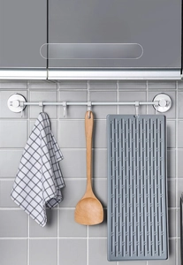Detail of grey silicone kitchen drying mat showing drainage ridges and hanging hole