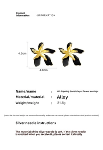 Detail view of vintage enamel flower earrings with dimensions and silver needle specs