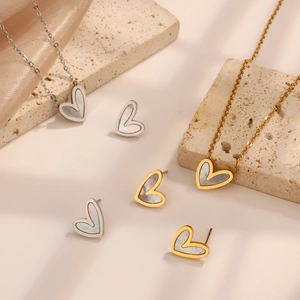 Heart Pendant Necklace And Stud Earrings Stainless Steel Mother Of Artificial Pearl Inlay Elegant Jewelry For Women
