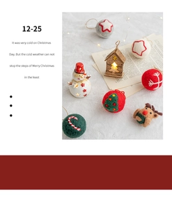 Close-up of handmade Christmas wool felt balls and glowing snowman on plush background