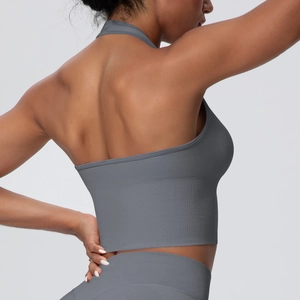 Detail of seamless breathable halter sports bra featuring ribbed hem and back view