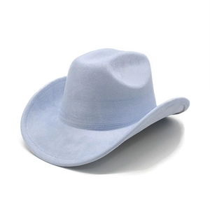 Close-up of light blue suede western cowboy hat with classic curved brim and soft texture