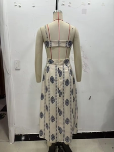 Close-up of back button closure on boho paisley print two-piece midi dress set