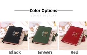 Three-frame view of compact PU leather wallets in black, green, and red with tassel charms