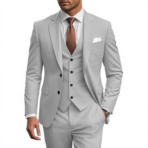 Slim fit light grey three-piece suit for men featuring a jacket, vest, and trousers