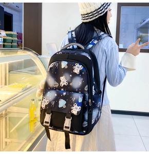 Detail of school backpack featuring astronaut bear patterns and heavy-duty top handle