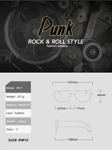 Detailed size specifications for the square metal sunglasses including frame and lens width