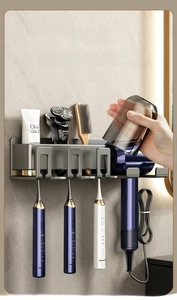 Wall-mounted gunmetal bathroom organizer shelf for electric toothbrushes and hair dryer