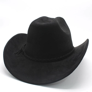 Close-up of black suede cowboy hat with wide brim and woven decorative band detail