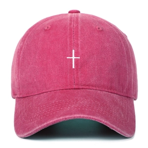 Casquette de baseball en coton délavé rose foncé avec broderie croix blanche