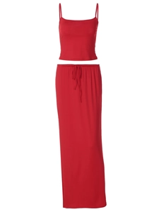 Women's chic red two-piece set featuring a slim fit camisole and tie-waist maxi skirt