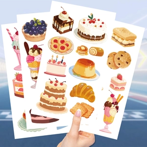 Hand holding three sheets of waterproof cartoon dessert and cake theme tattoo stickers