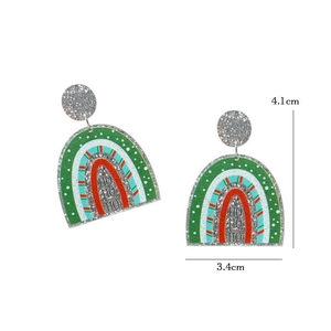 Detail view of rainbow Christmas tree earrings with HO HO HO text and 4.1 cm size mark