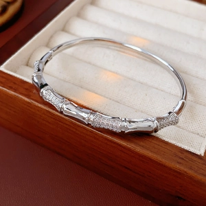 Detail of silver bamboo bangle with micro-set zircons displayed in a luxury jewelry box
