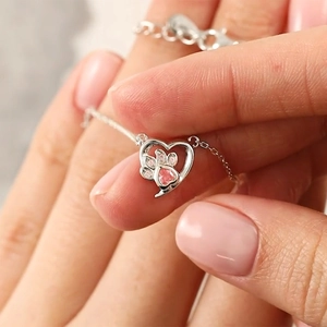 S925 sterling silver necklace with a pink zircon heart-shaped cat paw pendant for women