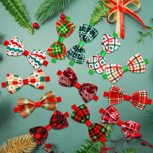 11-piece set of Christmas pet bowties with festive plaid, snowflakes and ginger man patterns