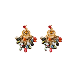 Floral crystal tassel earrings with colorful beads and gold metal in vintage style
