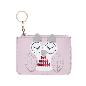 Pink owl mini coin purse with embroidery details and golden keychain on white background