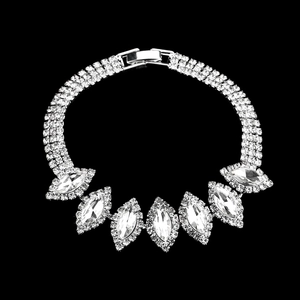 Sparkling silver marquise crystal bridal bracelet with rhinestones on black background