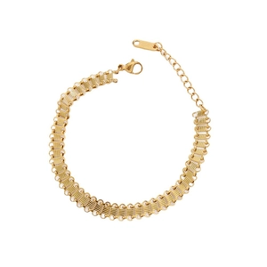 Golden stainless steel chunky Cuban link bracelet with horizontal texture and lobster clasp