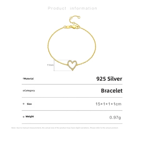 Detailed product dimensions for the S925 silver gold-plated heart bracelet with zircon stones