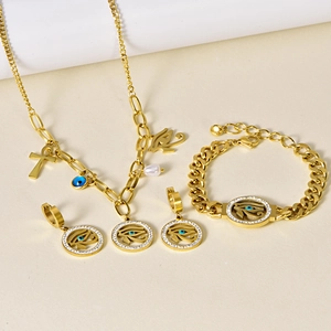 Evil Eye Horus Eye Ankh Cross Stainless Steel Gold Plated Rhinestone Artificial Pearl Necklace Bracelet Earrings Women Hip Hop Style
