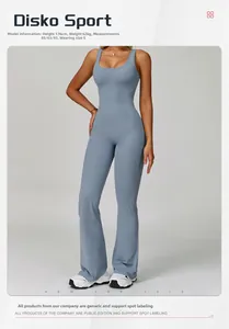 Close-up of blue high-waist yoga jumpsuit showing U-neck and ribbed texture