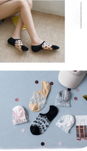Detail of sheer glass fiber invisible socks with polka dot pattern in five colors