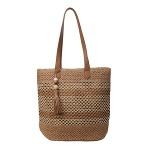Woven straw tote bag with hollow pattern and brown PU leather straps on white background