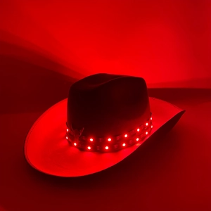 Detail of black felt cowboy hat featuring dual red LED light bands for parties