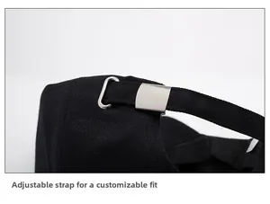 Detail of adjustable metal buckle and black cotton strap on back of baseball cap