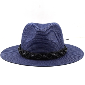 Dark blue straw fedora sun hat with black beaded band decoration for summer style