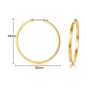 Detail view of 50mm gold-plated stainless steel hoop earrings with secure saddle back closure