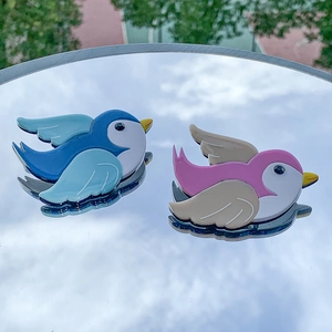 Handmade acrylic cute bird brooch detail shot, fashion blue and pink animal pin jewelry