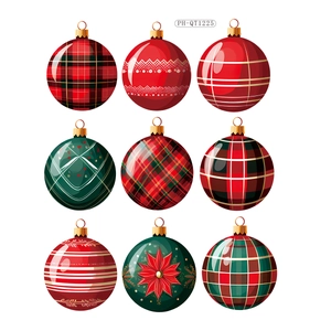 Set of 9 red and green Christmas ball wall stickers with festive gold pattern details