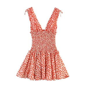 Dames Bloemen Mini Jurk Polyester V Hals Knoopbandjes Gesmokte Taille Mouwloos A Lijn Elegante Zomerjurk