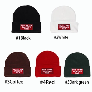 Santa's Tab embroidered knit beanie hats in black, white, brown, red and green colors
