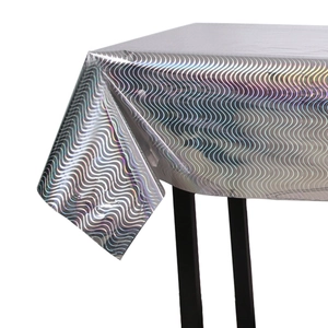 Silver wave holographic tablecloth for parties, laser foil metallic table cover decoration
